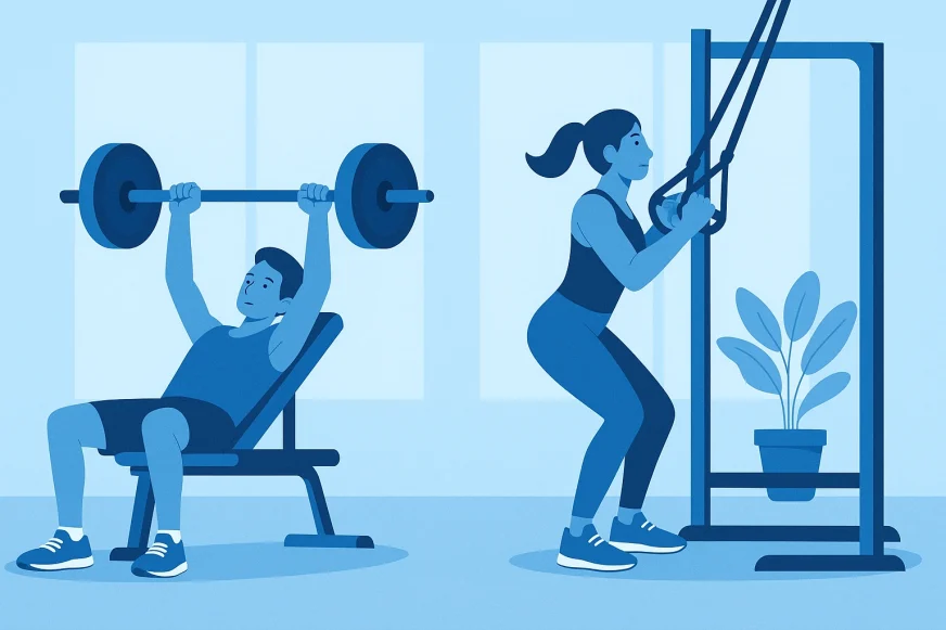Ilustracija dvoje ljudi koji rade superset trening — jedan izvodi potisak, a drugi veslanje u teretani.