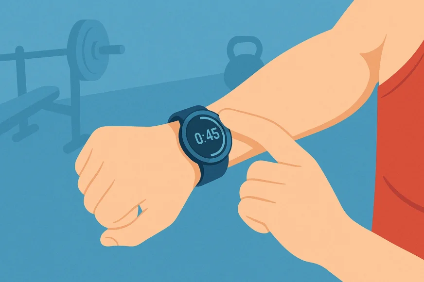 Ilustracija osobe koja proverava sat između serija u teretani, simbolizujući optimalno vreme odmora tokom treninga.
