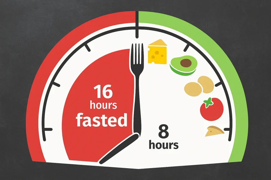 Infografika intermittent fastinga 16:8 – prikaz sata sa 16 sati posta i 8 sati unosa hrane uz ikone zdrave hrane (sir, avokado, paradajz, orašasti plodovi).