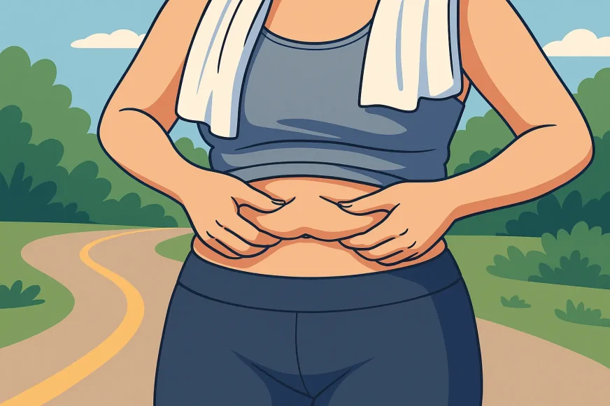 Žena proverava stomak ispred treninga, simbolizujući hormonske i telesne razlike u sagorevanju masti.