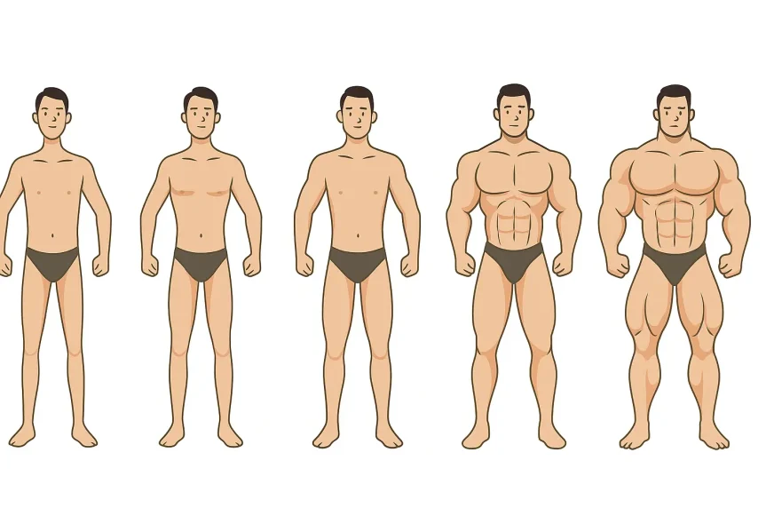 Ilustracija muške transformacije kroz pet faza, od mršavog do mišićavog tela, prikazujući napredak kroz trening.