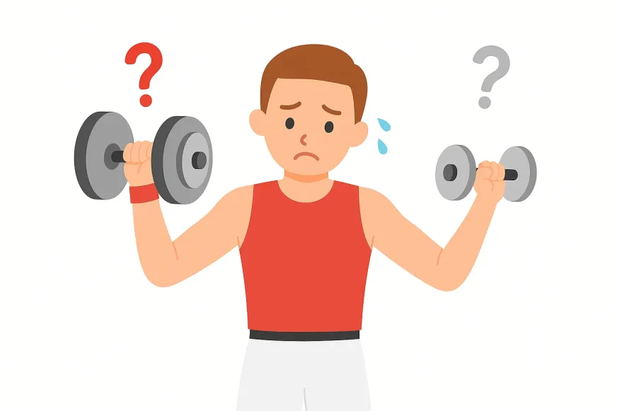 Ilustracija vežbača koji se dvoumi između previše i premalo treninga, prikaz opterećenja i dileme o pravilnoj količini vežbanja.