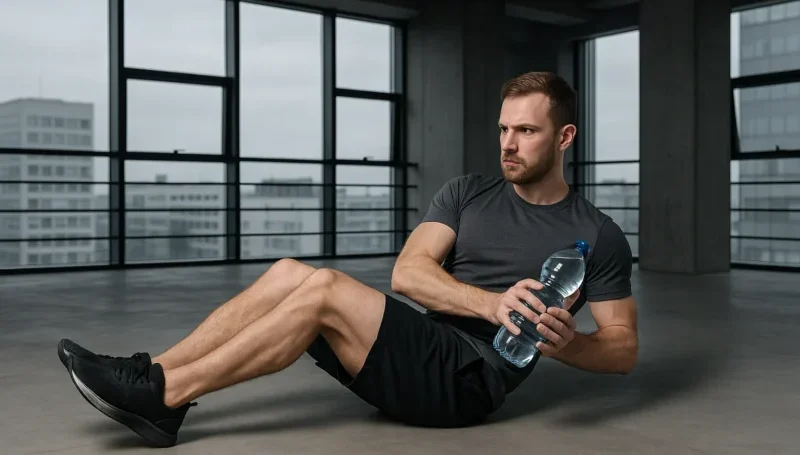 Russian twist vežba za bočne trbušnjake – kućni trening sa flašom umesto tegova.