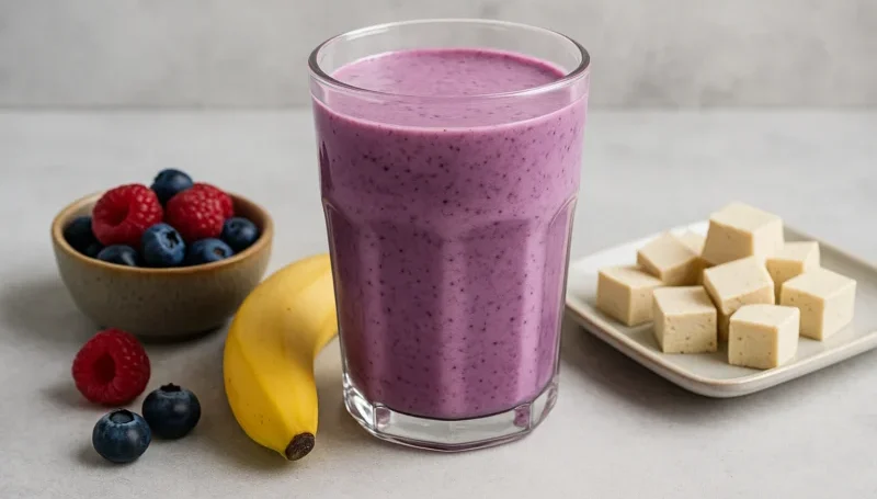 Veganski šejk sa tofuom, bananom i mešanim bobičastim voćem – malinama i borovnicama, poslužen u čaši sa prikazanim sastojcima na svetloj podlozi.