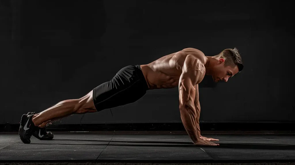 Mišićav muškarac u crnim šorcevima izvodi sklek u teretani, s fokusom na definiciju mišića i pravilnu formu vežbe.