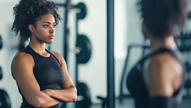 ena u teretani, gledajući svoj odraz u ogledalu, razmišlja o napretku i rezultatima treninga.
