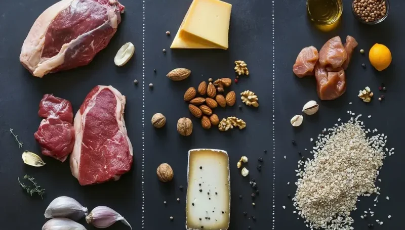 Različiti izvori makronutrijenata raspoređeni u tri kolone: crveno meso, beli luk i začini u prvoj koloni (proteini i masti), sir i orašasti plodovi u drugoj koloni (masti i proteini), te piletina, ulje, žitarice i mahunarke u trećoj koloni (proteini i ugljeni hidrati)