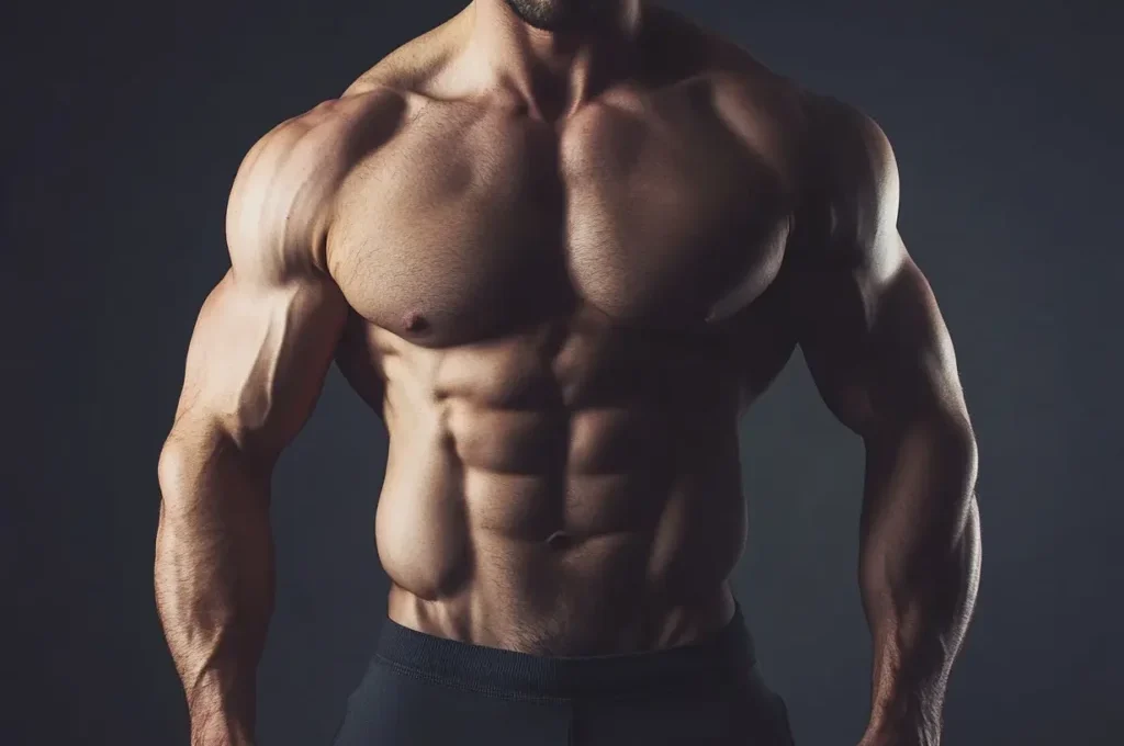 Izdefinisane unutrašnje grudi i mišićav torzo muškarca – savršen primer rezultata najboljih vežbi za rast i oblikovanje unutrašnjih pectoralnih mišića